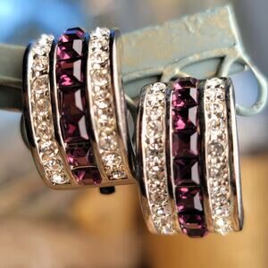 Vintage 1990s silver earrings, bold purple and clear crystal clip-ons